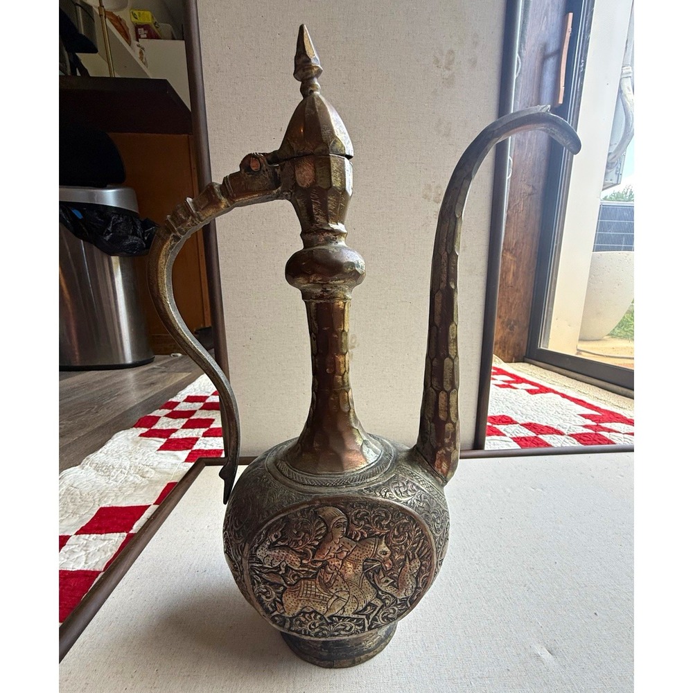 Vintage Persian Aftaba Brass Copper Ewer Hand Engraved Hunter Horseback Pitcher